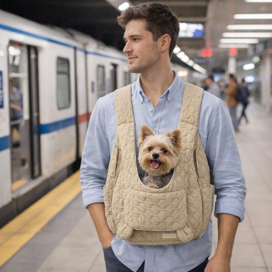 Jeune homme porte un Yorkshire dans un sac ventral pour chien sur un quai de métro