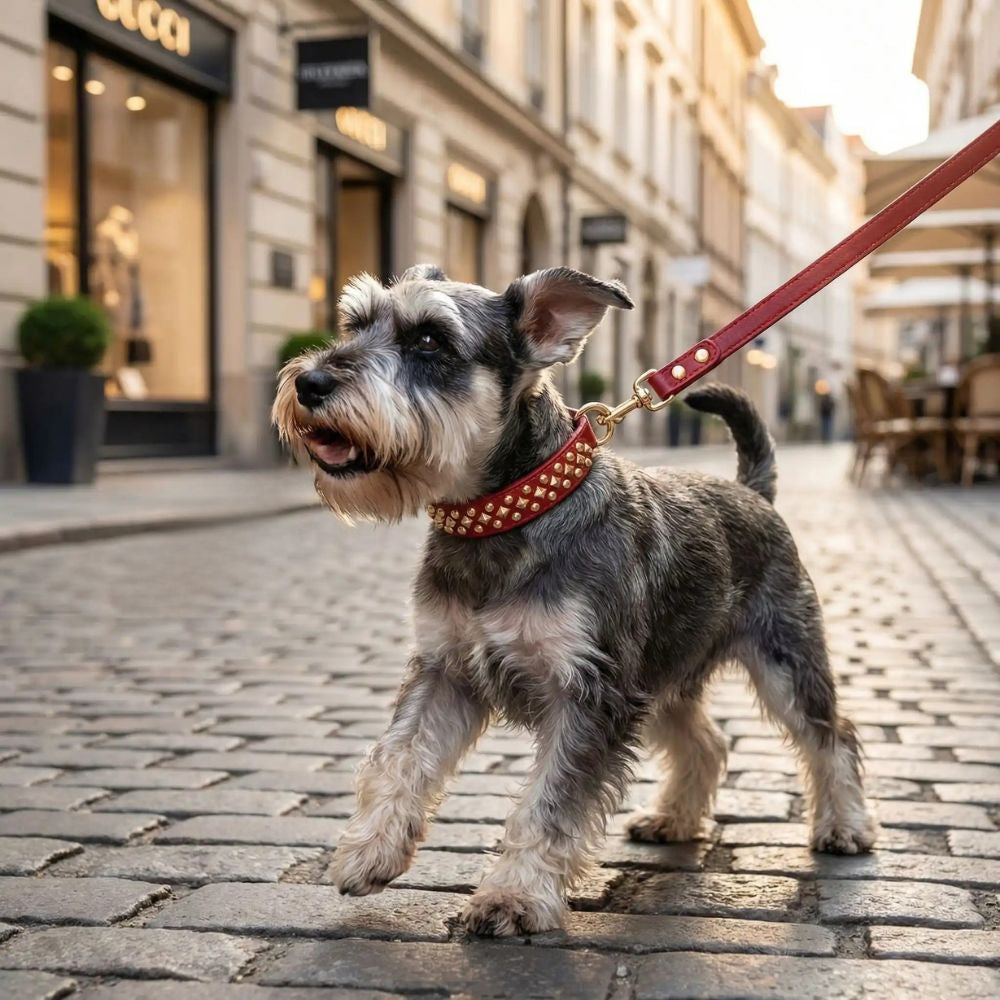 Schnauzer en ville tenu en laisse portant un collier chien solide et protecteur