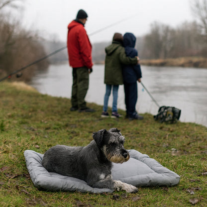 Schnauzer repose sur un matelas pour chien près de la rivière, famille à côté