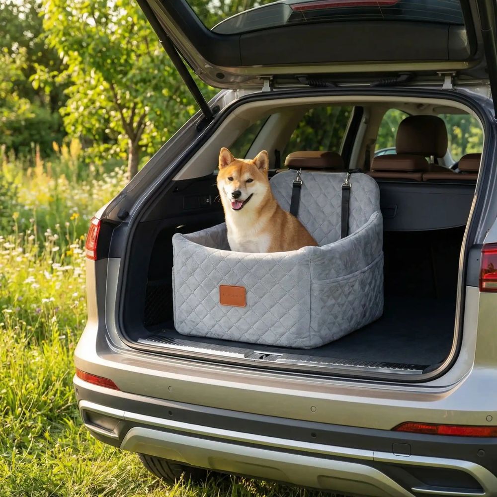shiba transporté dans un siège auto pour chien placé dans le coffre ouvert d’une voiture pour un départ en voyage