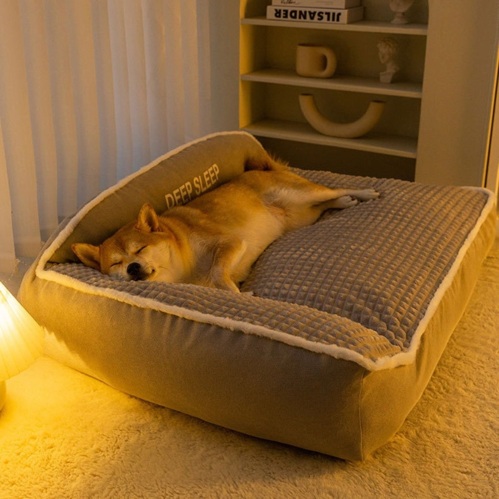 Shiba dort sur lit pour chien, profitant d’un sommeil réparateur 