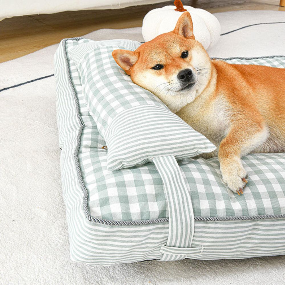 Gros plan sur l’oreiller amovible d’un tapis chien soutenant la tête et le cou d’un Shiba
