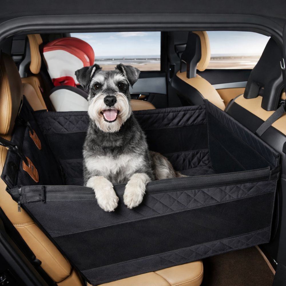 schnauzer dans un siege auto chien sécurisé sur la banquette arrière avec maintien stable