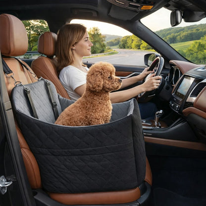 caniche installé dans un siège auto pour chien pendant un voyage en voiture avec vue sur la nature
