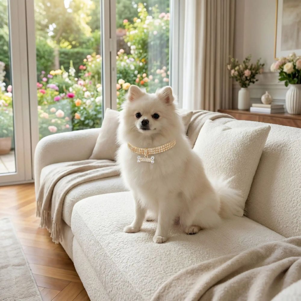 Spitz portant un collier chiot décoratif, assis sur un canapé dans un salon lumineux avec vue sur le jardin