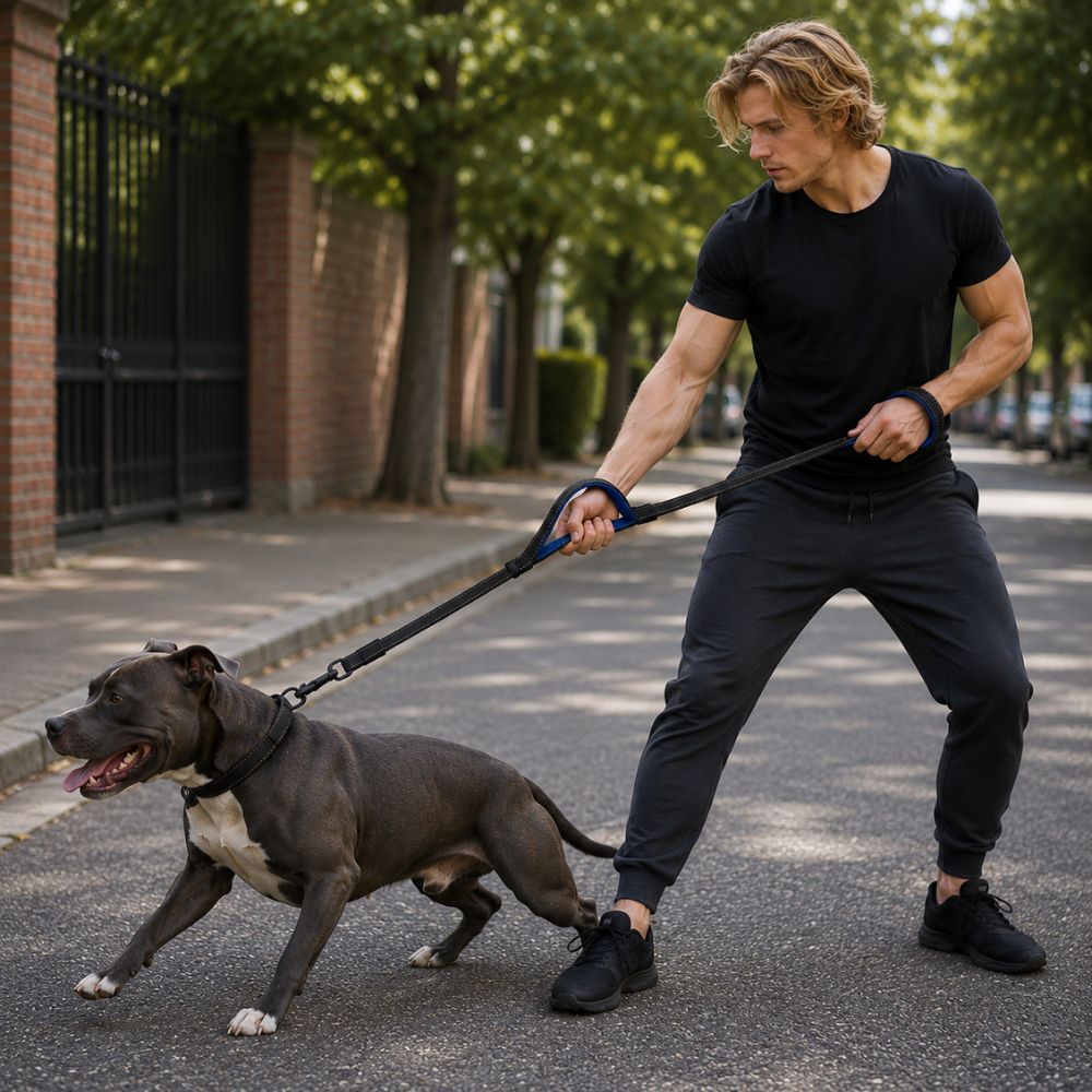Jeune homme blond promenant un staffordshire terrier avec une laisse pour chien qui tire en ville