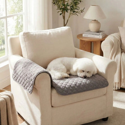 Bichon dormant sur un tapis pour chien lavable, posé sur un fauteuil