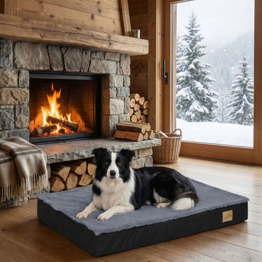 Border collie installé sur la face chaude du tapis orthopédique chien amovible à l'interieur