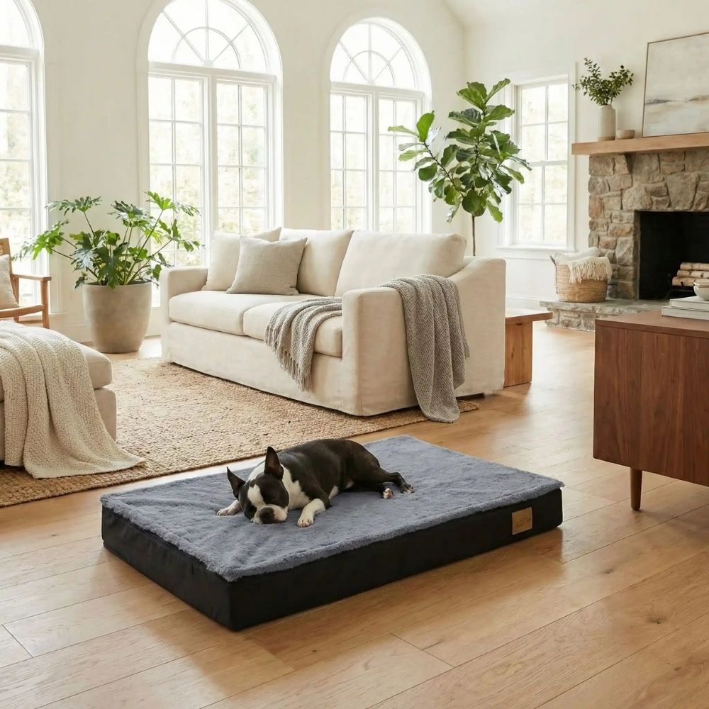 Tapis orthopédique chien apaisant avec soutien confortable pour boston terrier dans un salon moderne