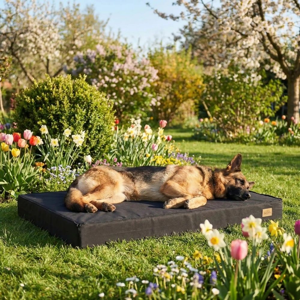 Berger allemand dormant sur un tapis orthopédique chien avec isolation du sol dans le jardin