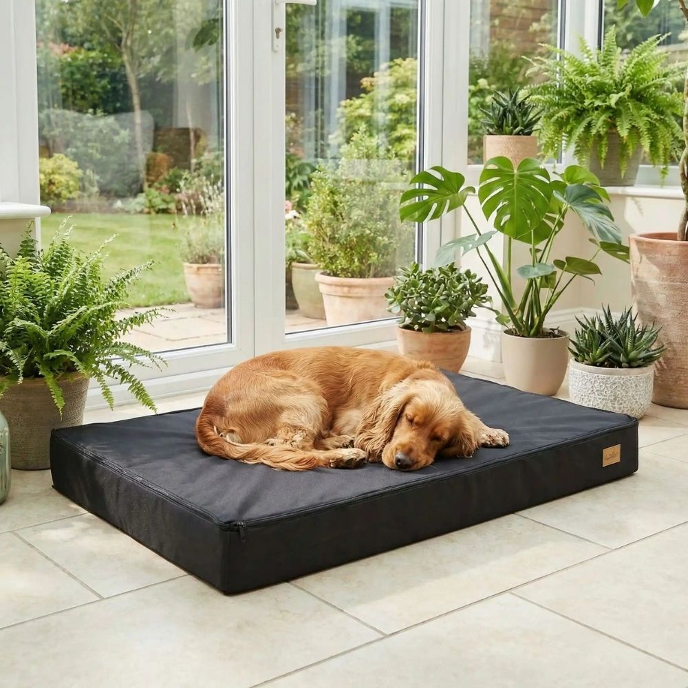 Cocker dort confortablement sur un tapis orthopédique chien stable et apaisant a l'interieur