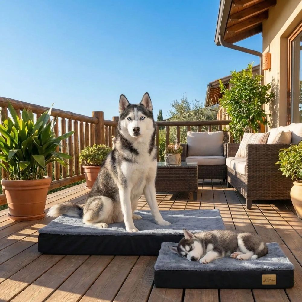 Tapis orthopédique chien parfait pour deux huskies, installés tous les deux à l'extérieur
