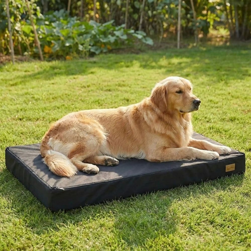 Un tapis orthopédique chien imperméable conçu pour le golden retriever, ce qui facilite le repos au jardin