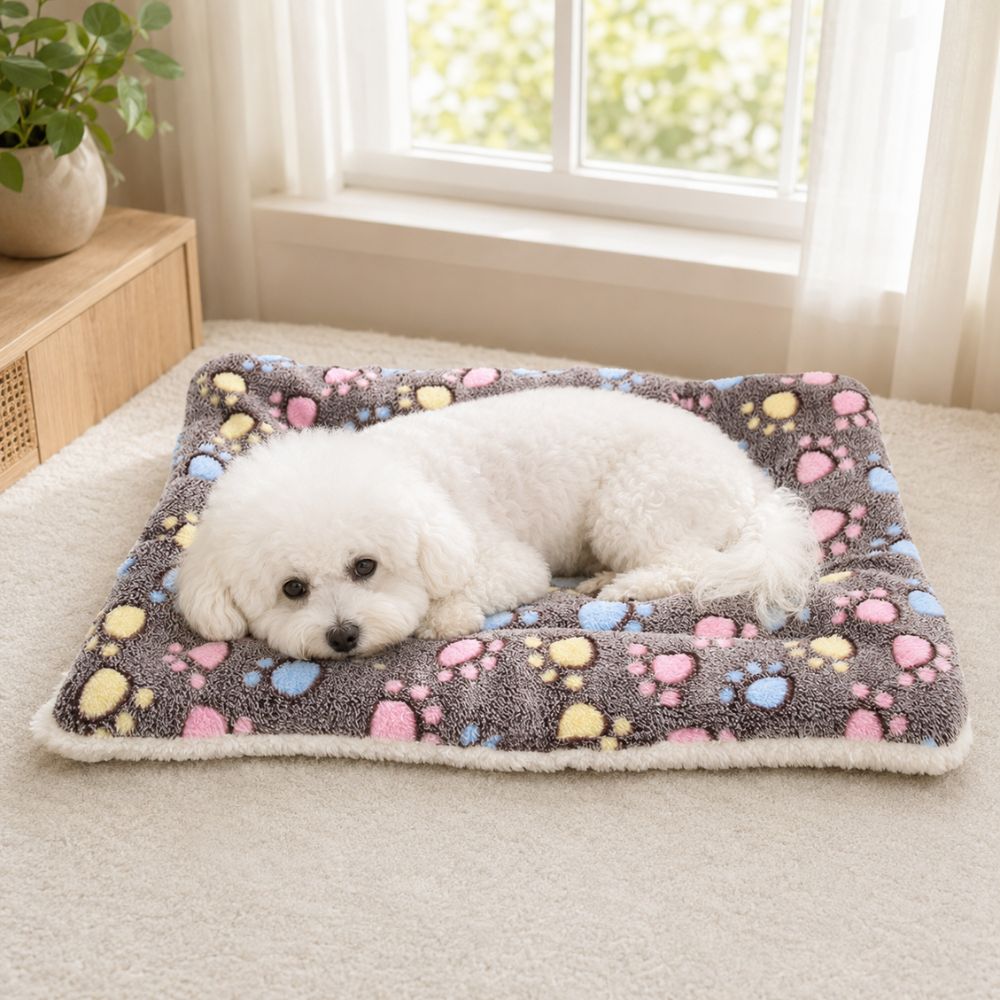 Bichon couché sur un tapis pour chien à motifs de pattes colorées