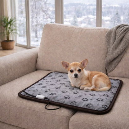 tapis pour chien chauffant utilisé par un chihuahua sur un canapé, intérieur lumineux en hiver