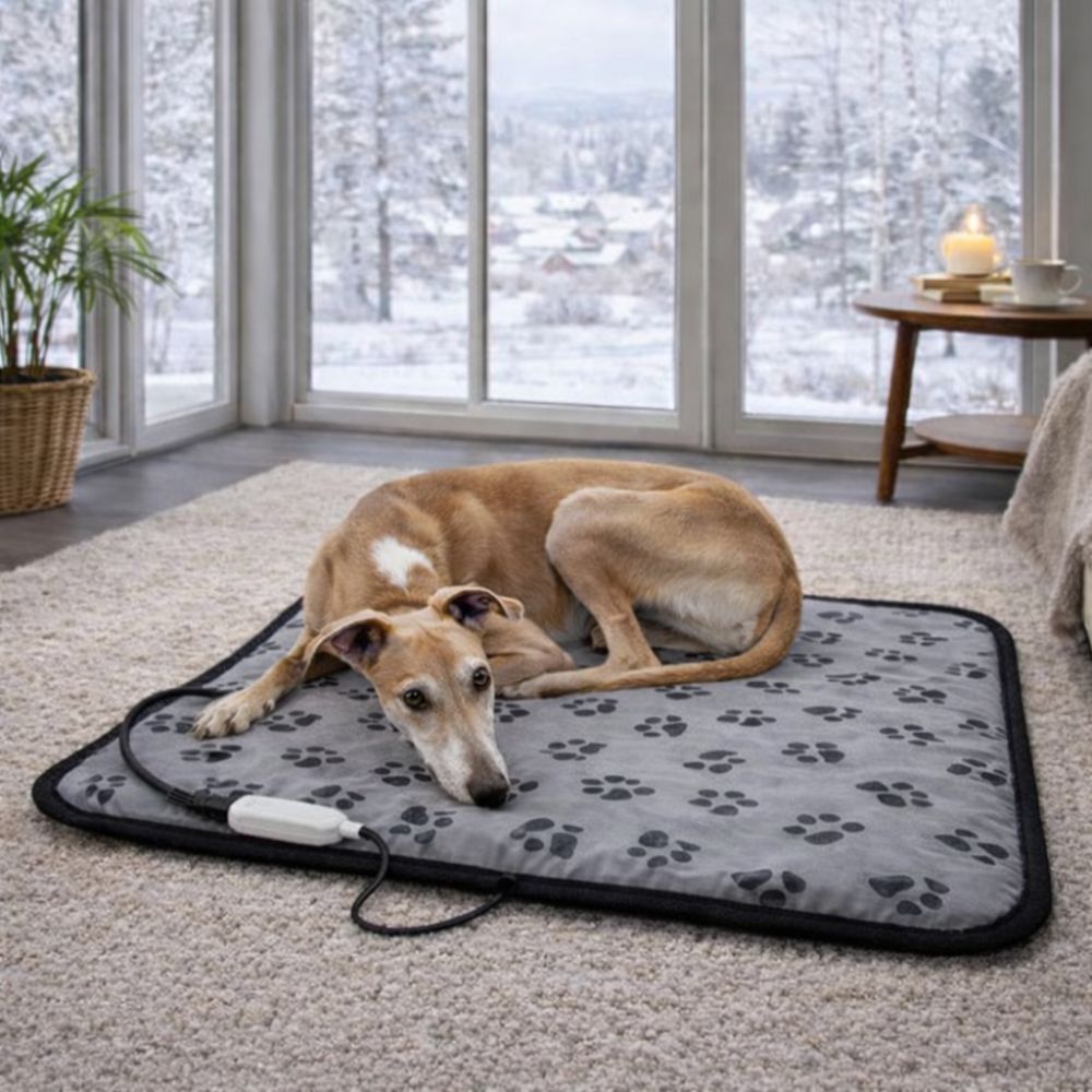 tapis pour chien chauffant posé au sol avec lévrier couché, idéal pour les chiens frileux