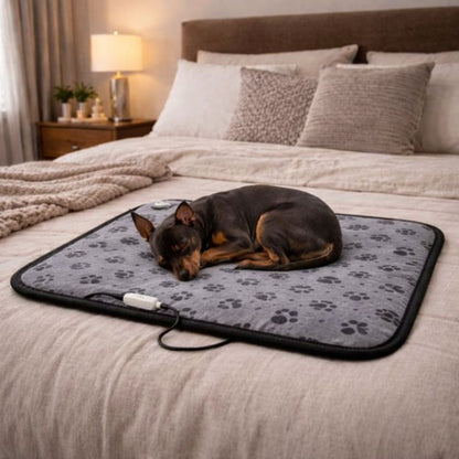 tapis pour chien chauffant installé sur un lit avec un pinscher endormi