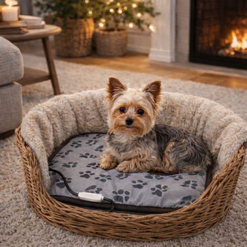 tapis pour chien chauffant avec yorkshire allongé dans un panier confortable, ambiance chaleureuse