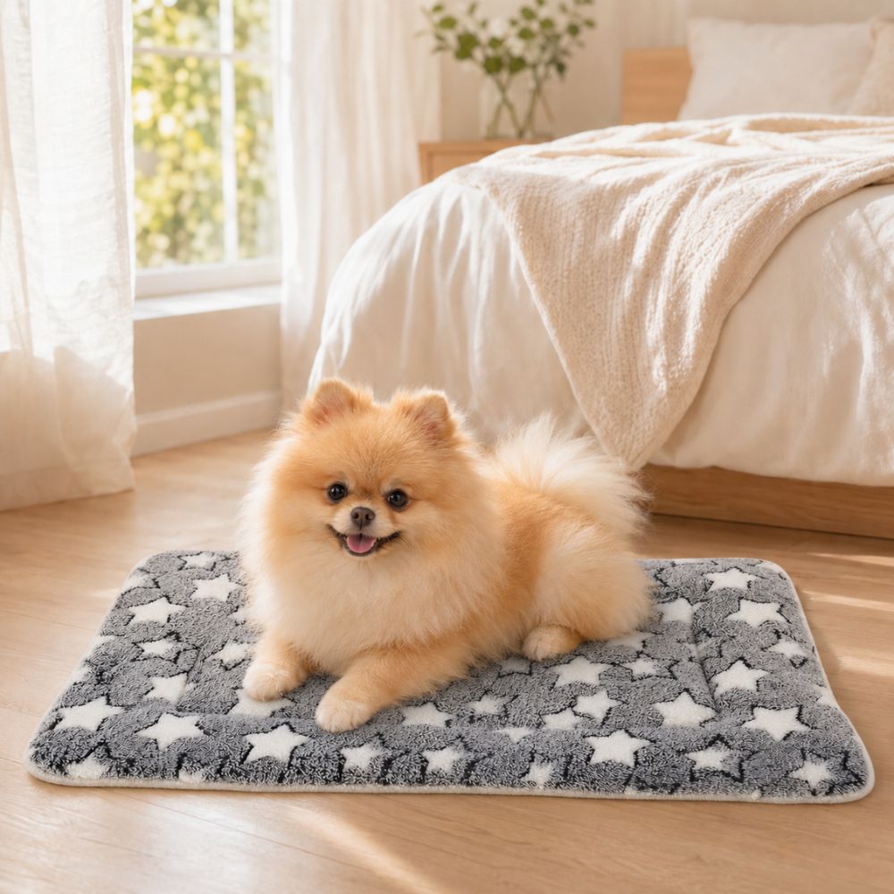 Poméranien allongé sur un tapis pour chien gris à étoiles blanches