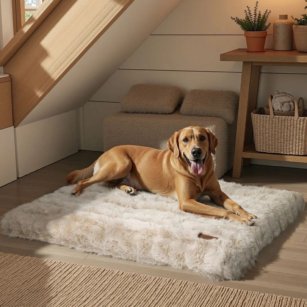 Grand chien reposant confortablement sur un tapis pour chien dans une mansarde