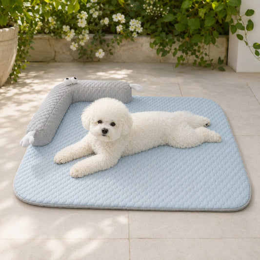 Bichon étiré sur un tapis rafraichissant chien bleu installé en terrasse