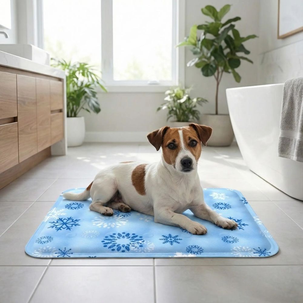 Jack Russell allongé sur un tapis rafraichissant chien dans une salle de bain lumineuse