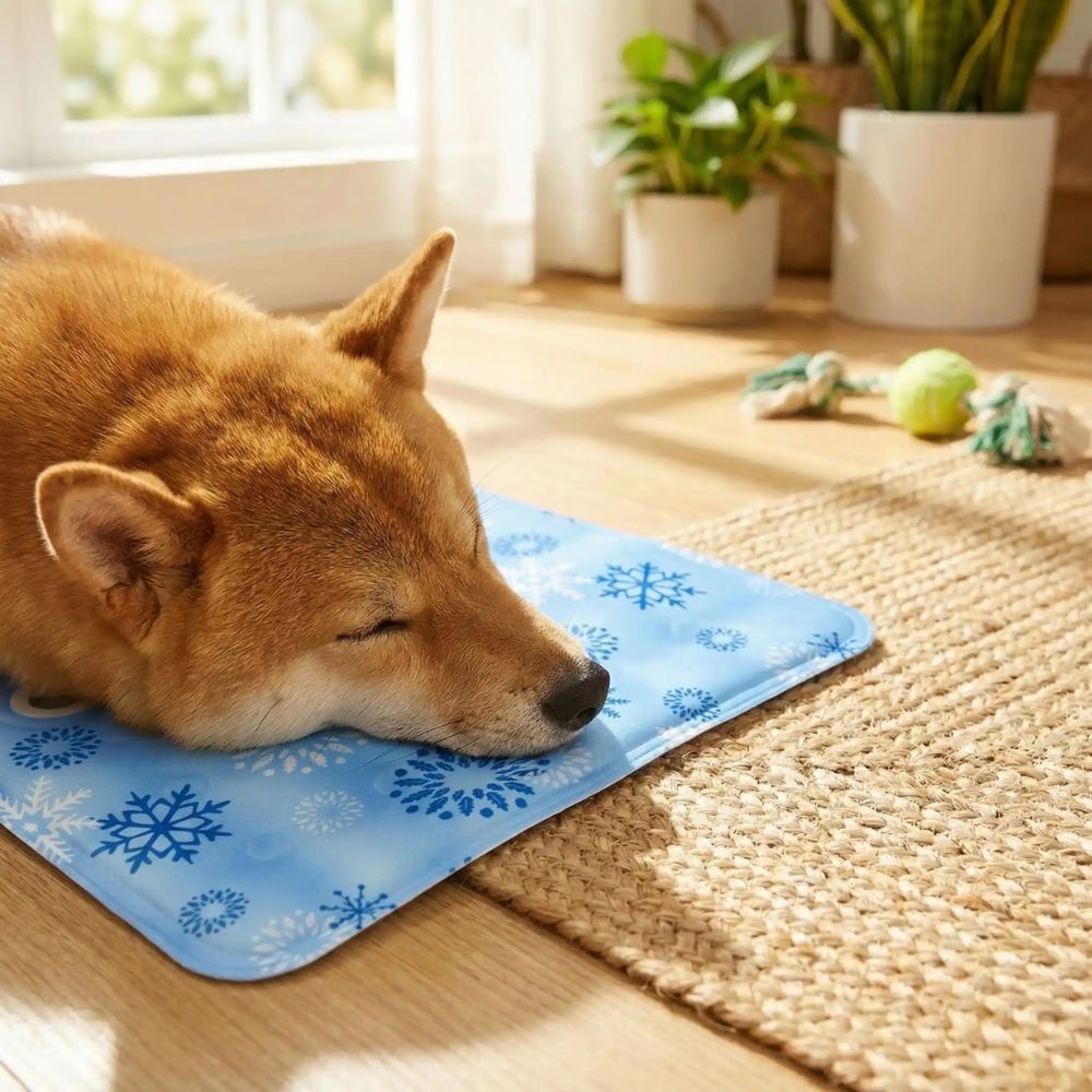 Gros plan d'un Shiba endormi au frais sur son tapis rafraichissant chien 