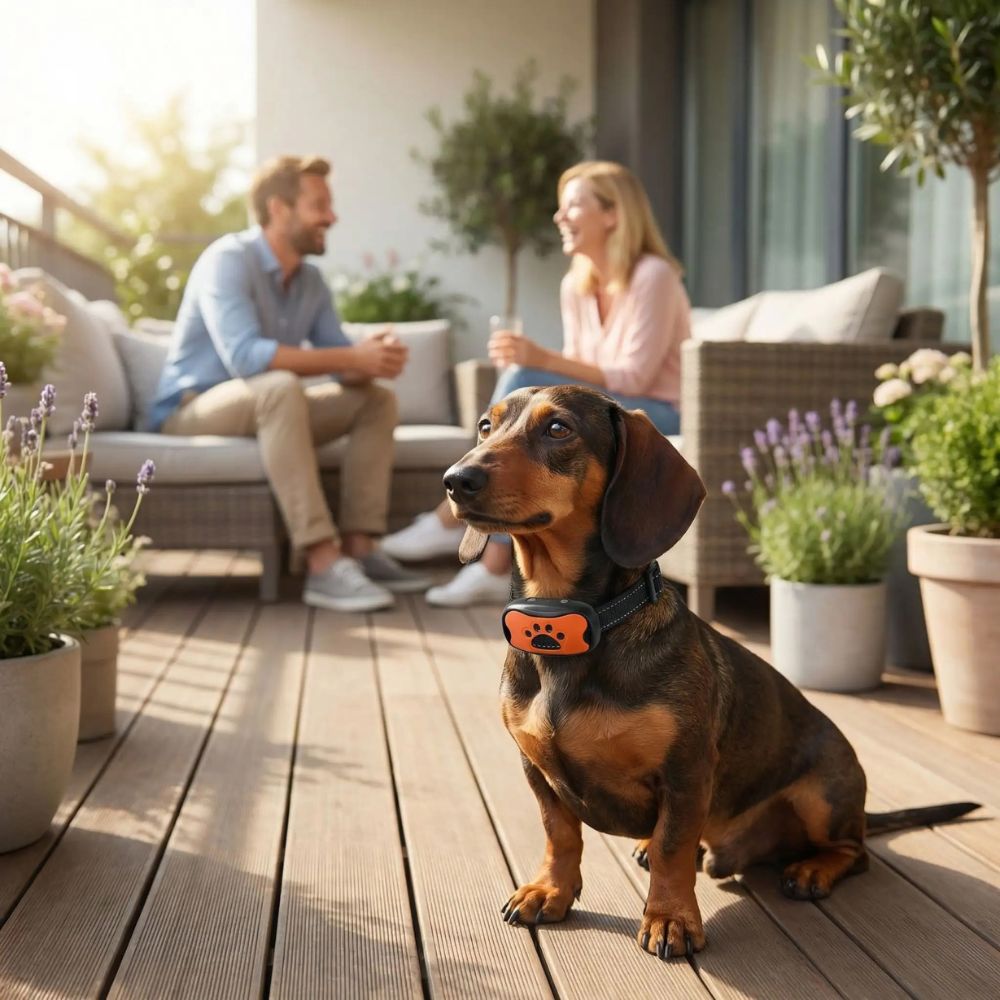 Teckel portant calmement un collier anti aboiement chien à vibration douce près de ses maîtres