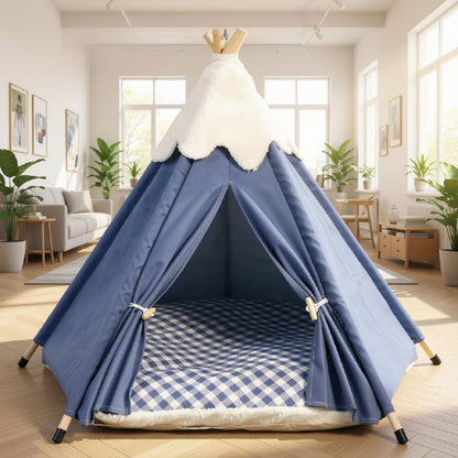 Tipi pour chien bleu, avec son coussin douillet