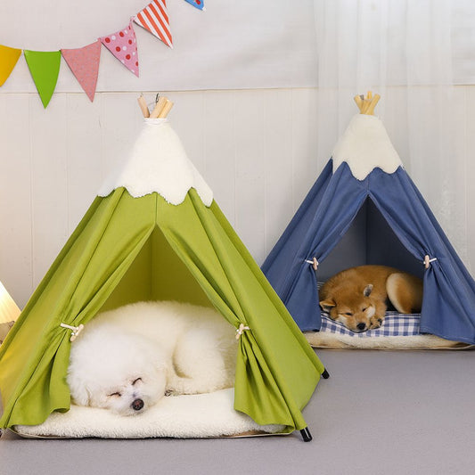 Tipi pour chien élégant avec toit enneigé, style original, version bleu et vert