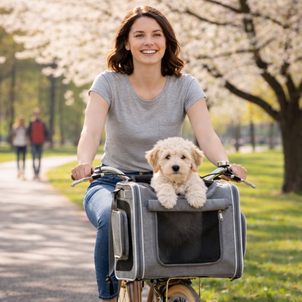 Petit chien profite d’une balade dans un parc installé à l’avant dans un vélo panier chien respirant
