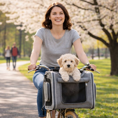 Petit chien profite d’une balade dans un parc installé à l’avant dans un vélo panier chien respirant
