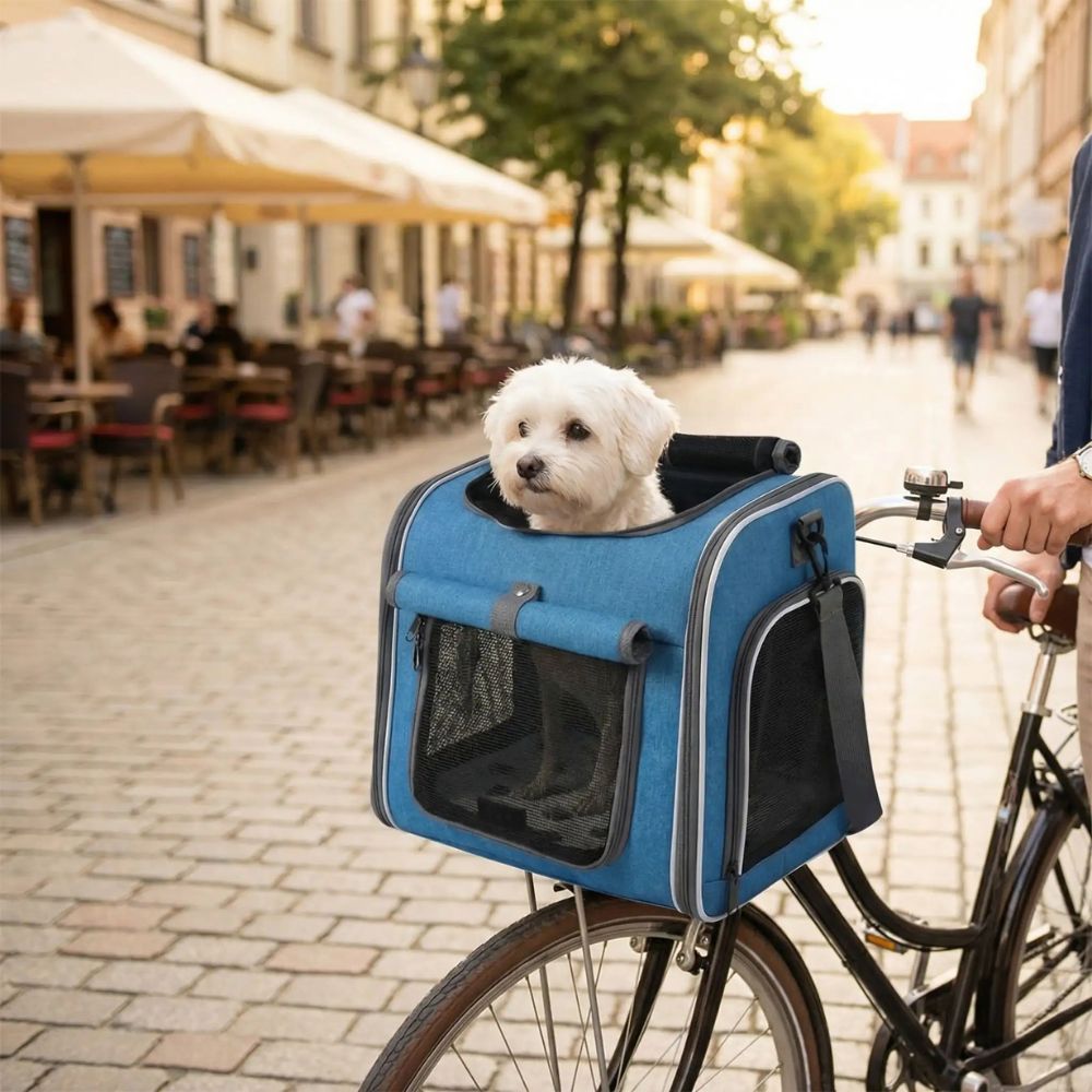 lors d’une balade en ville, un chien est installé à l’avant dans un vélo panier chien respirant pour un trajet confortable