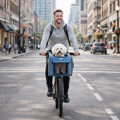 en ville, un bichon est transporté confortablement dans un vélo panier chien lors d’un trajet quotidien