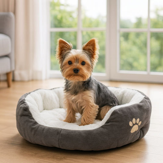 Petit yorkshire assis dans son panier pour chien gris, air curieux