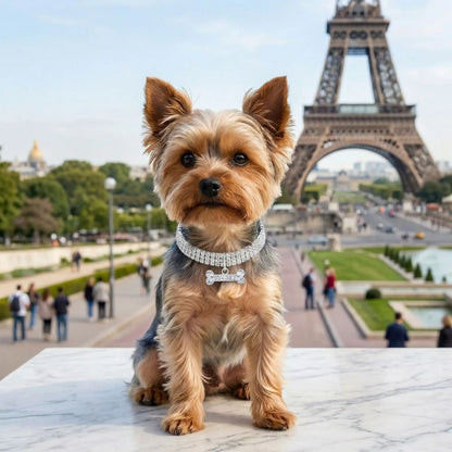 Petit Yorkshire portant un collier chiot élégant lors d’une séance photo au Trocadéro