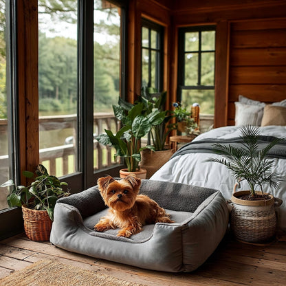 Yorkshire observe autour de lui, bien calé sur un lit pour chien doux