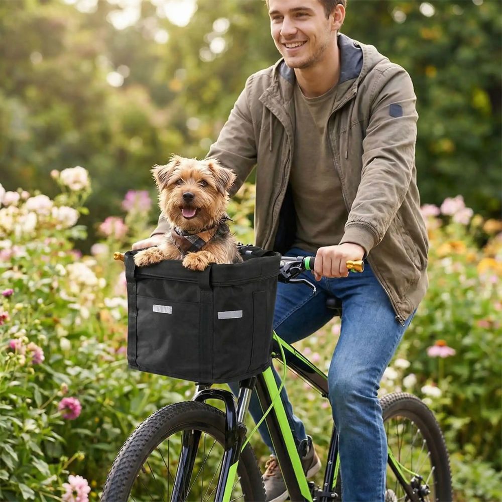 petit Yorkshire assis dans un panier pour chien à vélo pendant une promenade dans un jardin