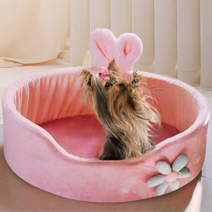 Yorkshire pattes levées dans un panier chien design rose, cocon moelleux et rassurant